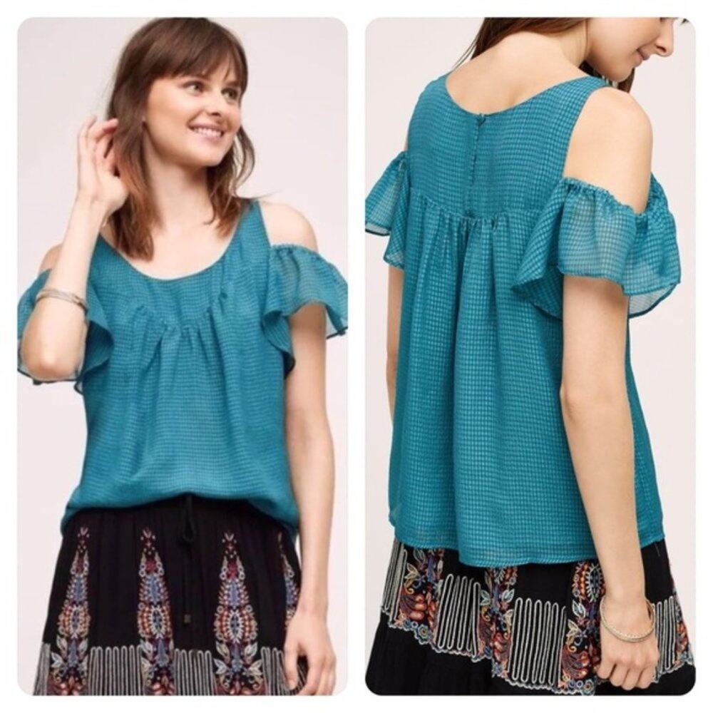 Anthropologie Maeve Tavin Teal Checked Blouse